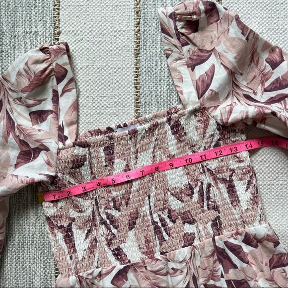 House Of Harlow 1960 White Pink Linen Blend Long Puff Sleeves Midi Dress Medium - Picture 6 of 9